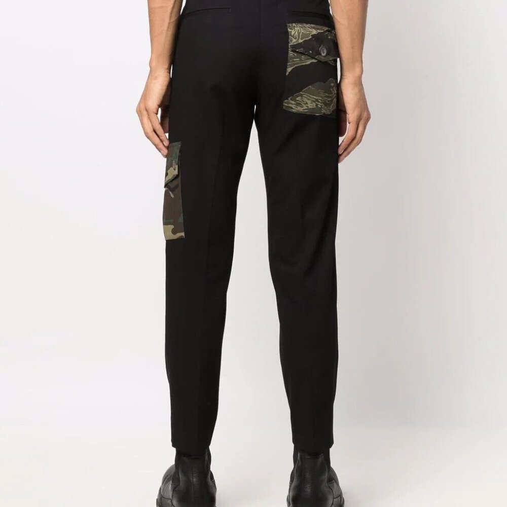 DOLCE & GABBANA Men's Black Pants 46 - Camouflage-Panel Tapered Trousers - CAMO